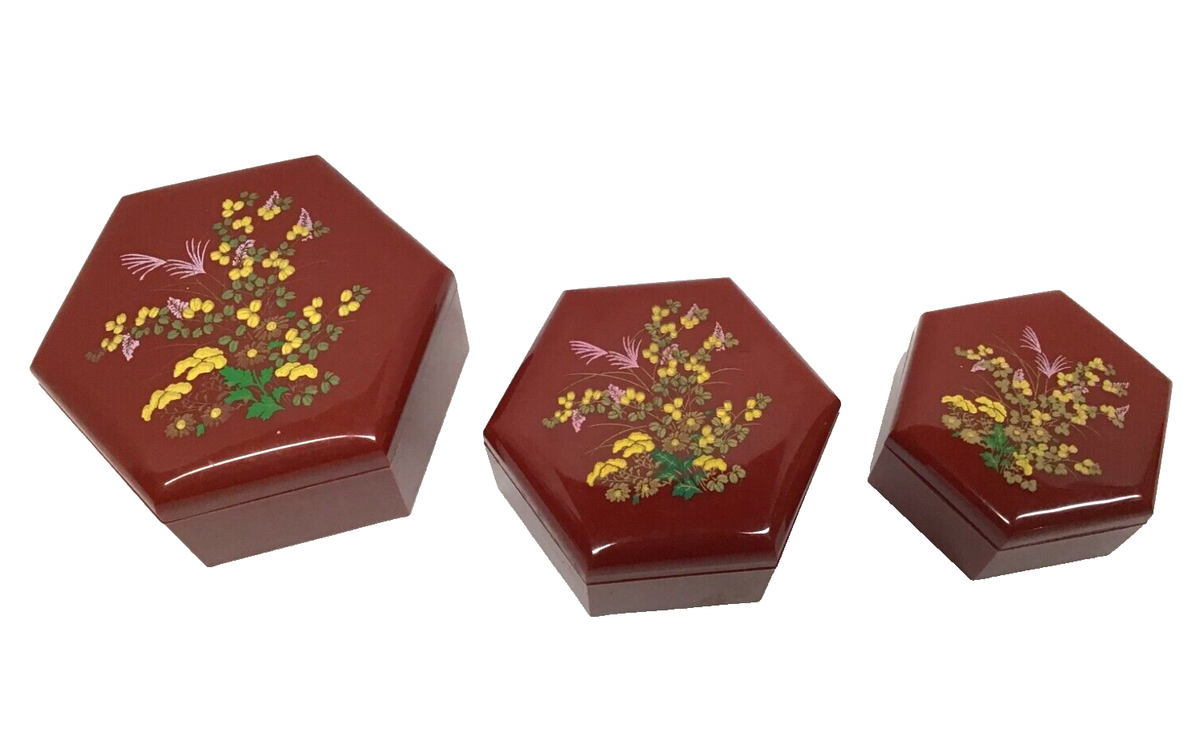 Melamine Red Nesting Floral Trinket Jewelry Box Set of 3 Vintage