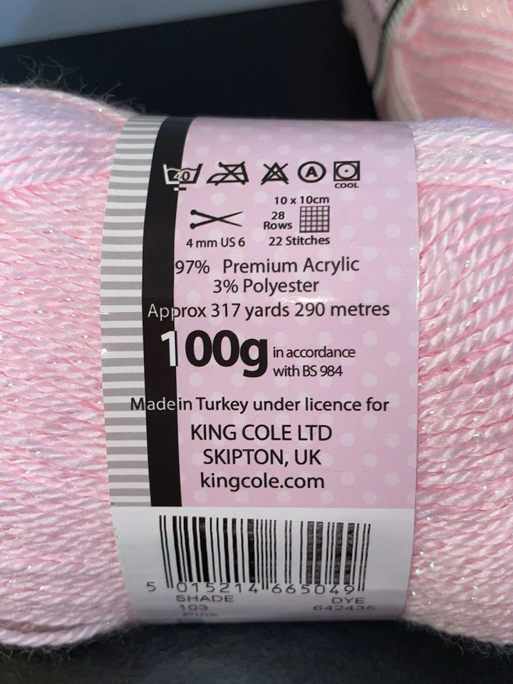 King Cole Baby Glitz DK Yarn: 12 Skeins 100 g Ea. Shade 103 PINK. Same Lot #. - Image 3 of 4