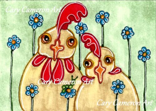 5"x 7" Giclée Art Print - Rooster Hen Flowers Fantasy Outsider art - C Cameron - Afbeelding 1 van 1