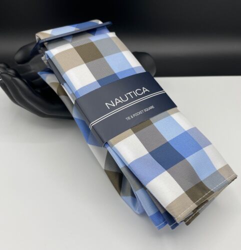 NAUTICA Men's Tie & Pocket Square ~ Blue ~ Plaids & Checks ~ NEW MSRP: $59.