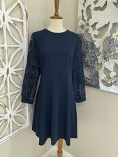ANN TAYLOR LOFT size 4 NAVY CROCHET LACE LONG SLEEVE FIT & FLARE DRESS