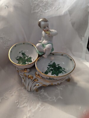 Herend Chinese Bouquet Green Salt Cellar Double With Putti Boy  Mint
