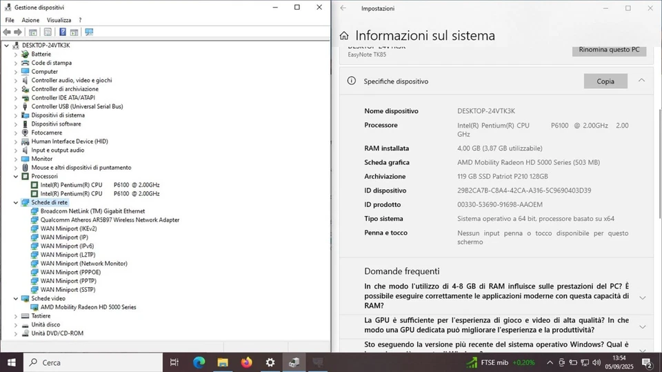 Notebook Packard Bell EN TK85 P6100 SSD 250Gb Nuovo Batteria Nuova Windows 10 Pr - Immagine 4 di 4