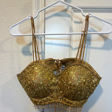 Gold/Beige Floral Embroidered Beaded Underwired Demi Bustier Corset Top S