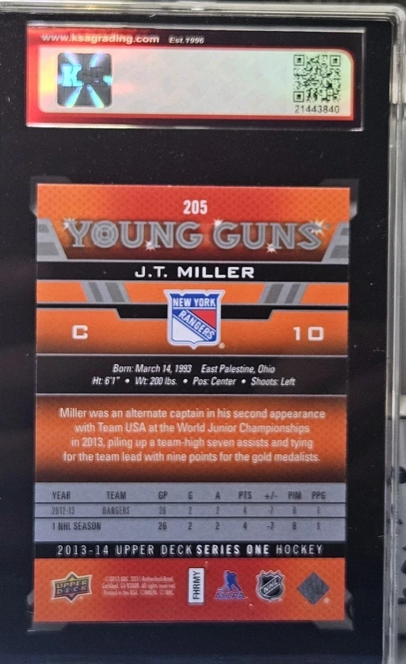 13-14 Upper Deck J.T. Miller Young Guns Rookie 🚨🚨🚨 KSA 9.5 Near Gem Mint - Image 2 of 2