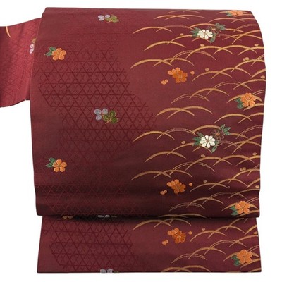 Japanese Kimono Nagoya Obi Dew Grass Flower Foil Embroidery Dark Red Pure Silk 