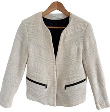 Sandro Paris Ivory Knit Jacket M Open Front Cotton Zip Pocket Blazer Woven Textu