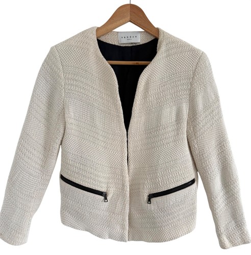Sandro Paris Ivory Knit Jacket M Open Front Cotton Zip Pocket Blazer Woven Textu