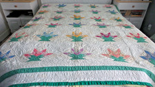 Antique Patchwork QUILT, BASKET, 90"x74", Multi-Color, Green, Hand-Quilted