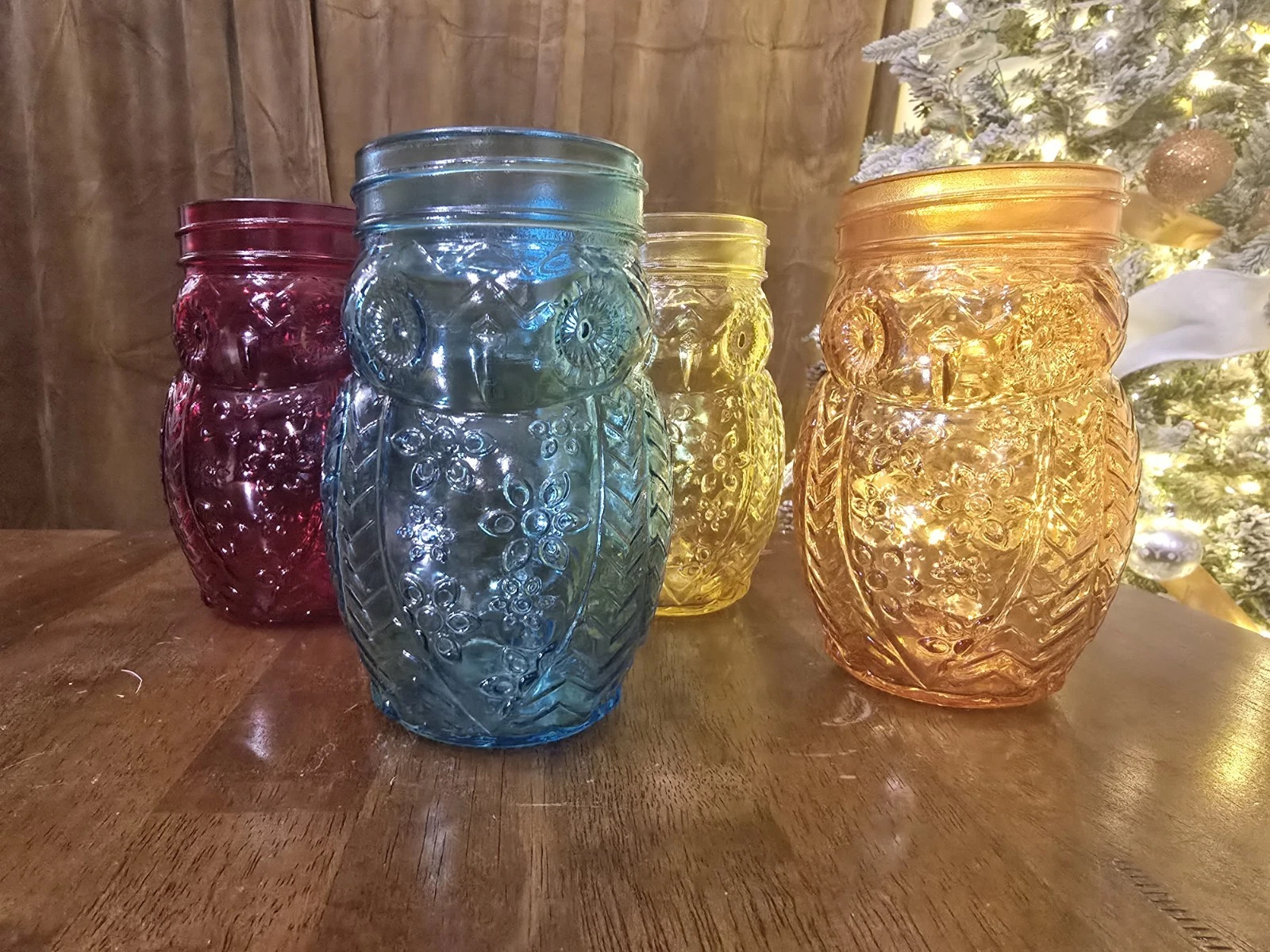 Owl Shaped Glass Jars Pint Size Mason Style Matching Gingham Lids Set of 4 RARE