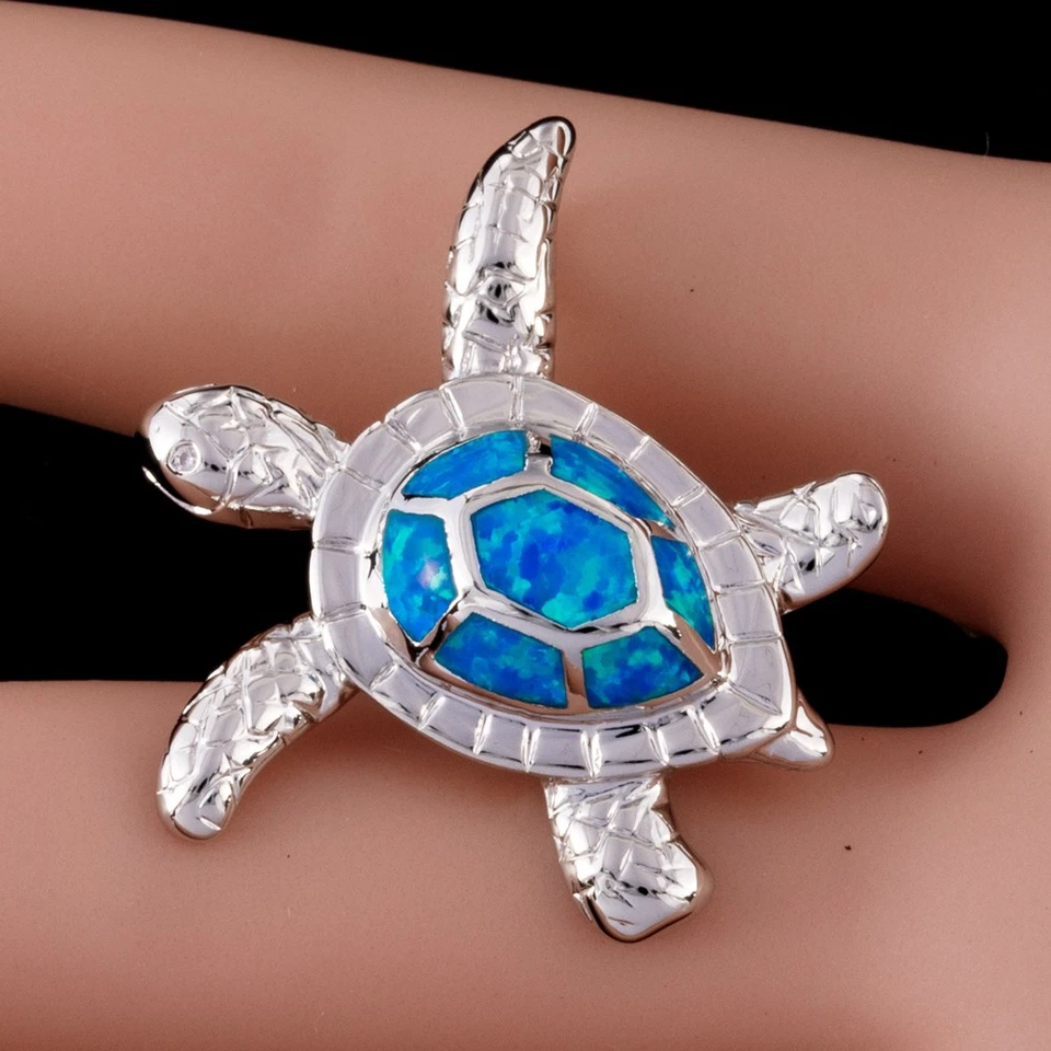 Collar colgante de plata ópalo de fuego azul océano tortuga marina carey Foto 3 de 4