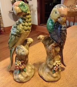Pair Of Majolica Style Large Parrots Perched On Limbs 9" Pretty, Subtle Colors