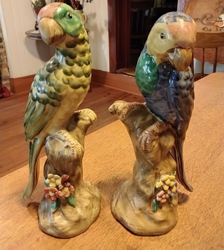 Pair Of Majolica Style Large Parrots Perched On Limbs 9" Pretty, Subtle Colors