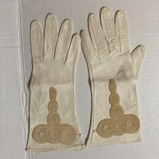 Leather Ladies Gloves Soft Cream Leather Embroidered Vintage 1960  s