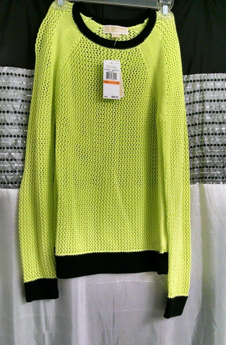 NWT MICHAEL KORS WOMENS Color Block Two Tone Mesh Long Sleeve Sweater Yellow S