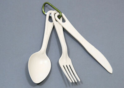 BAMBOO CAMPING UTENSILS CUTLERY SET KNIFE FORK SPOON - LIGHT 50g WITH CARABINER