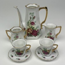 5 Piece Porcelain Miniature Tea Coffee Playset Floral Rose Gold Decorative Set