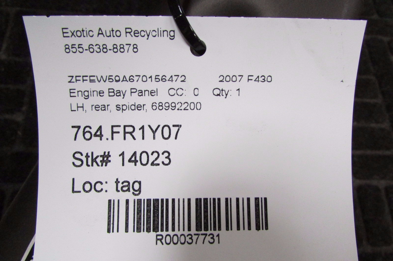 Ferrari F430 Spider, LH, Left Lower Rear Engine Bay Cover, Used, P/N 68992200