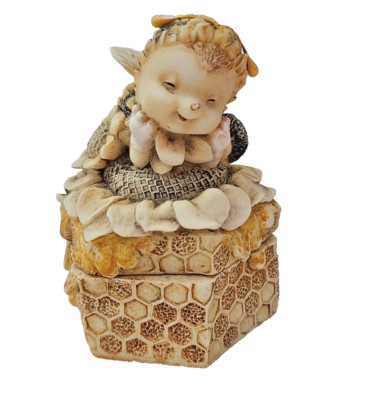 VTG 90s Cute Baby Bee Elf On Honeycomb & Sunflowers Beekeepers Gift Trinket Box