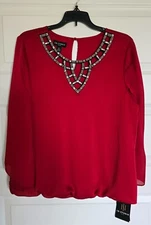 BNWT I.N. Studio Deep red fully lined blouse w/beads & stones detailing size PL