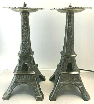 2  Eiffel Tower Pillar Candlesticks Holders Pair of Heavy Metal 9 1/4'' tall