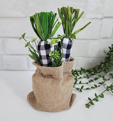 Black White Plaid Carrots Burlap Bag Easter Farmhouse Spring Decor Tier Tray 9" - Picture 2 of 9
