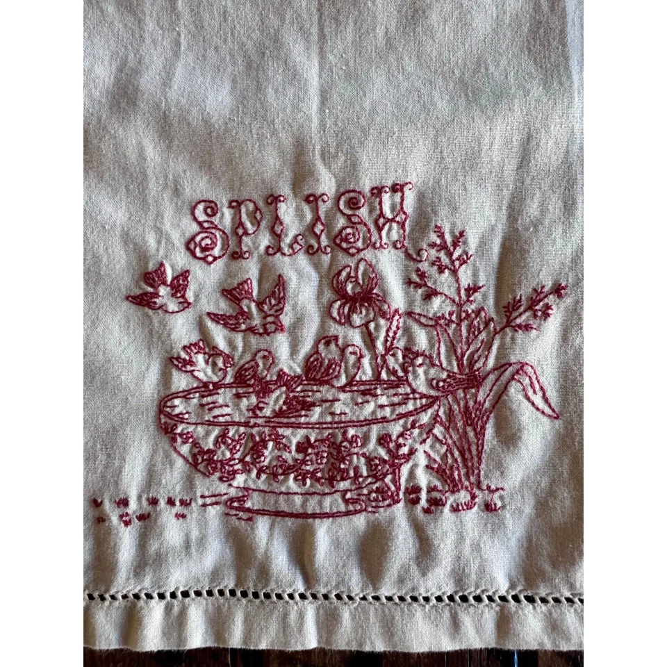 Toallas de mano de baño Pottery Barn de lino de color rojo y crema Splish Splash  Foto 3 de 4