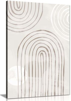 Beige Bogen Linie Grafik Kunst Gerahmtes Leinwandbild Wandbild Wohndeko