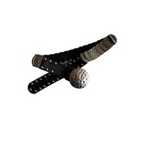 Leather  Metal Concho Belt With Hammered Silver Buckle