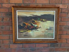 Vintage 70s Retro authentic Oil Painting, decorators, boats oriental scene