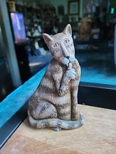 Marsha McCarthy Cat Figure Licking Its Paw Signed By Artist Cat Kitten Brown 6”