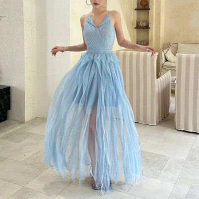 Elegant Pleated Mesh Suspender Dress New Long Dress Women's Summer Party  Club | eBay
