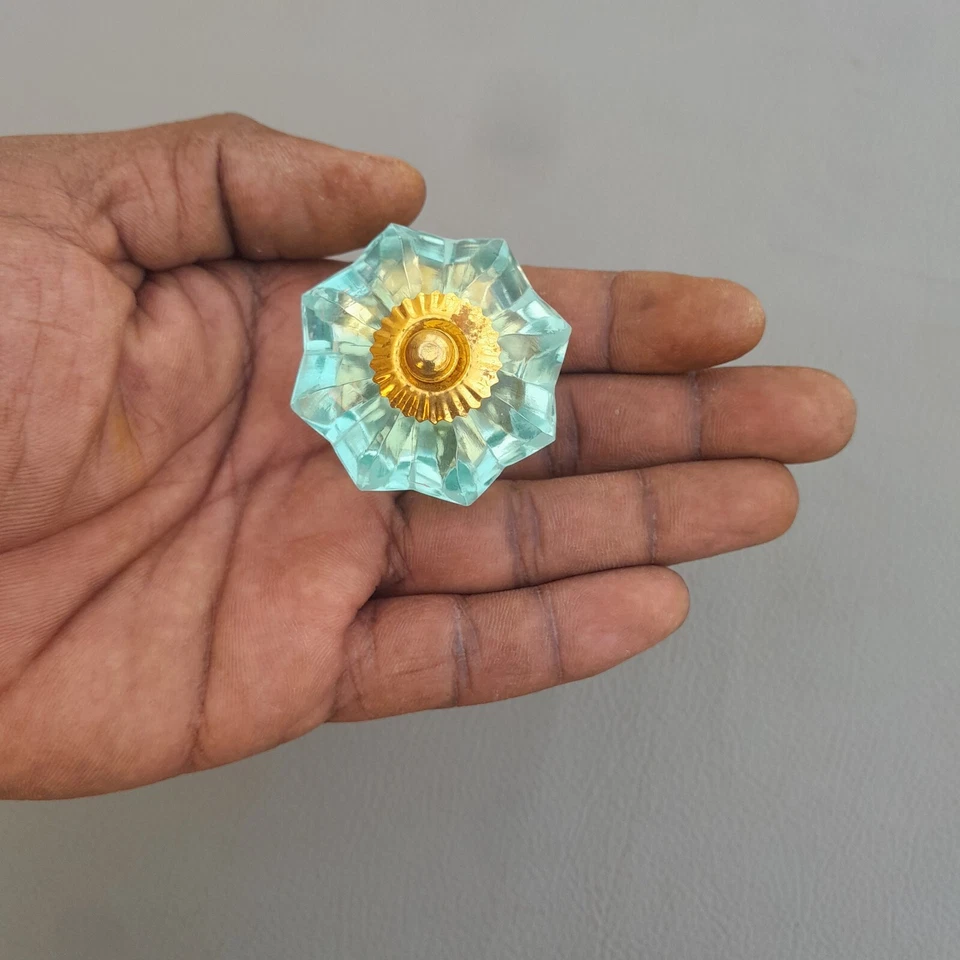 Perilla de cajón de vidrio corte azul mar floral vintage tirador hecho a mano 2 piezas Foto 3 de 4