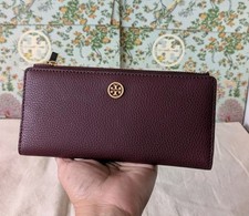  Tory Burch Robinson Pebbled Zip Slim Wallet Burgundy Leather