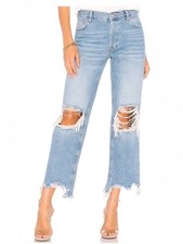 Free People We The Free Maggie Straight Jeans 31 Distressed Raw Hem Light Wash