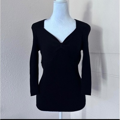 August Silk Ribbed Knit Top Women M Black Sweetheart Neck 3/4 Sleeve Gothic