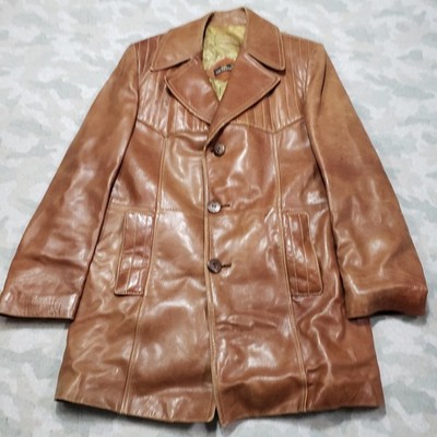 Vintage Cortefiel Leather Coat Jacket Mens 38 Brown Notch Collar 3 Button