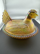 Indiana Glass Hen on Nest Covered Dishes, Pair (Carnival Blue & Iridescent Green) — listing 2