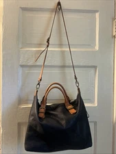 Mark and Graham Brooklyn Buckle Large Black Leather Satchel Crossbody Bag