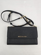 Michael Kors Jet Set Crossbody Wallet Saffiano Leather Black Chain Accent