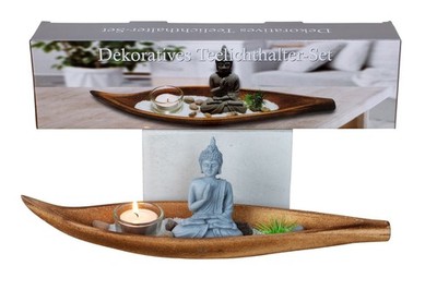Zen Garden Dekoratives Teelichthalter-Set mit Buddha-Statue, Steine, Gras
