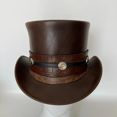 Genuine Brown Leather Top Hat Western Cowboy Concho Croc Band Steampunk Design