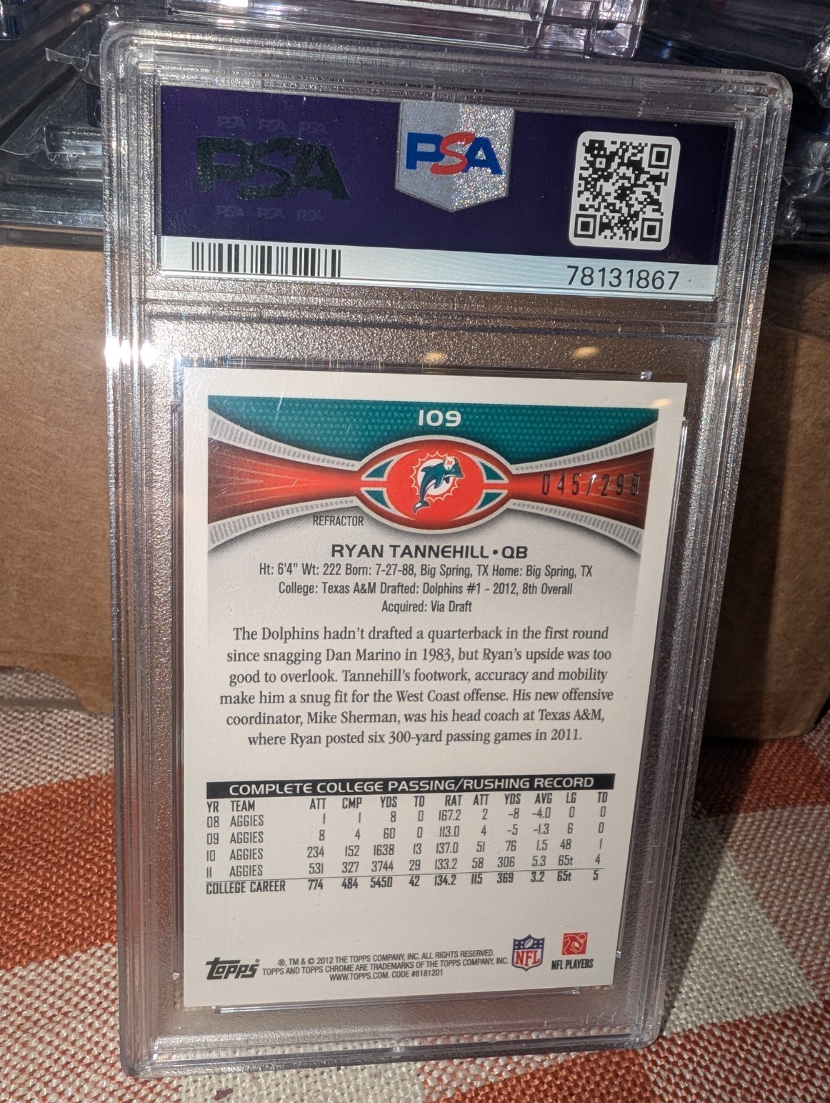 2012 Topps Chrome - Ryan Tannehill #109 Black Refractor /299 (RC) PSA 10 view 2
