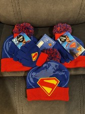 NWT Youth Superman DC Comics Cuffed Pom Beanie Hat and Gloves Set, 3-Piece