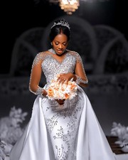 Heavy Crystals Beads Mermaid Wedding Dress with Removable Satin Full Sleeves