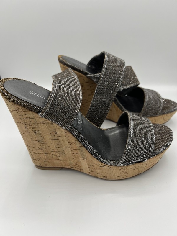 Stuart Weitzman "Alex" Crisscross Lurex Elastic Cork Wedge Sandals