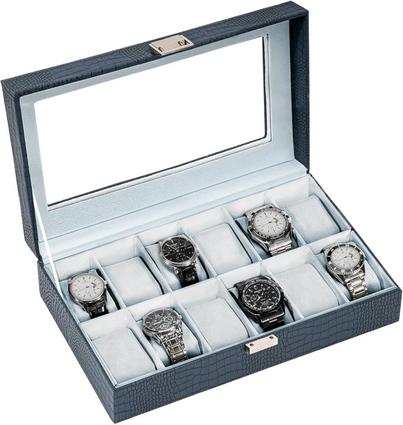 Uhrenbox 12 FäCher Mit Glasdeckel, Uhrenkoffer Pu-Leder FüR Herren,-image