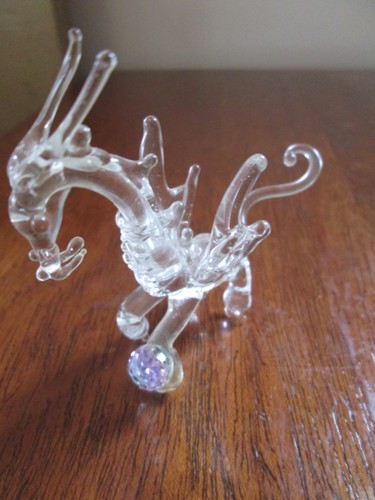 Vintage Free Standing Clear Blown Glass Dragon Figurine Sparkling Crystal Ball