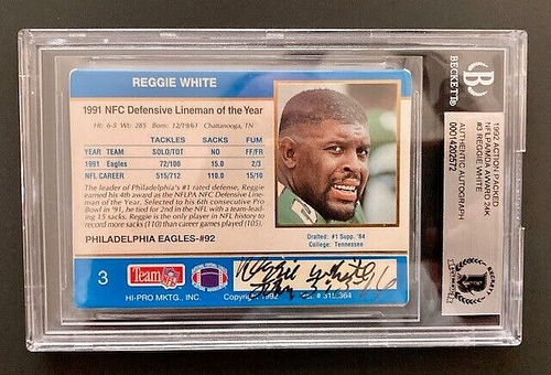 REGGIE WHITE BEAUTIFULLY SIGNED CARD WITH BECKETT COA ENCASED IN PLASTIC. - Picture 1 of 3