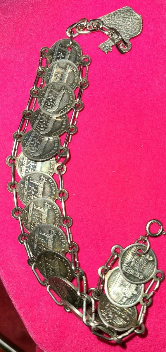 VINTAGE RARE ITALIAN SILVER TONE COIN BRACELET-50s ROME